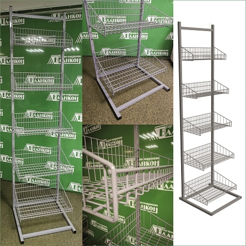 Стойка торговая сетчатая напольная с пятью корзинами для магазина купить в магазине торгового оборудования в Петербурге